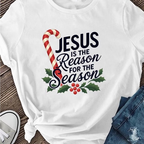 Women’s White Graphic Tee with Candy Cane Design - Picture 2 of 3